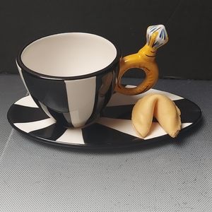 Cocktail cuties colorful cup saucer black white hand painted